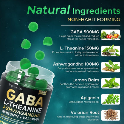 GABA Gummies 500mg Zuckerfrei – Beruhigungsgummis mit L-Theanin, Ashwagandha, Magnesium, Vitamin D3, B6 – Melatoninfrei für Ruhe, Stimmung, Schlaf – Nahrungsergänzung für Erwachsene – Heidelbeere – 60 Stück