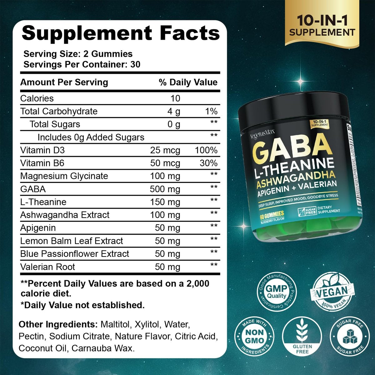 GABA Gummies 500mg Zuckerfrei – Beruhigungsgummis mit L-Theanin, Ashwagandha, Magnesium, Vitamin D3, B6 – Melatoninfrei für Ruhe, Stimmung, Schlaf – Nahrungsergänzung für Erwachsene – Heidelbeere – 60 Stück