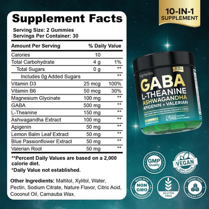 GABA Gummies 500mg Zuckerfrei – Beruhigungsgummis mit L-Theanin, Ashwagandha, Magnesium, Vitamin D3, B6 – Melatoninfrei für Ruhe, Stimmung, Schlaf – Nahrungsergänzung für Erwachsene – Heidelbeere – 60 Stück