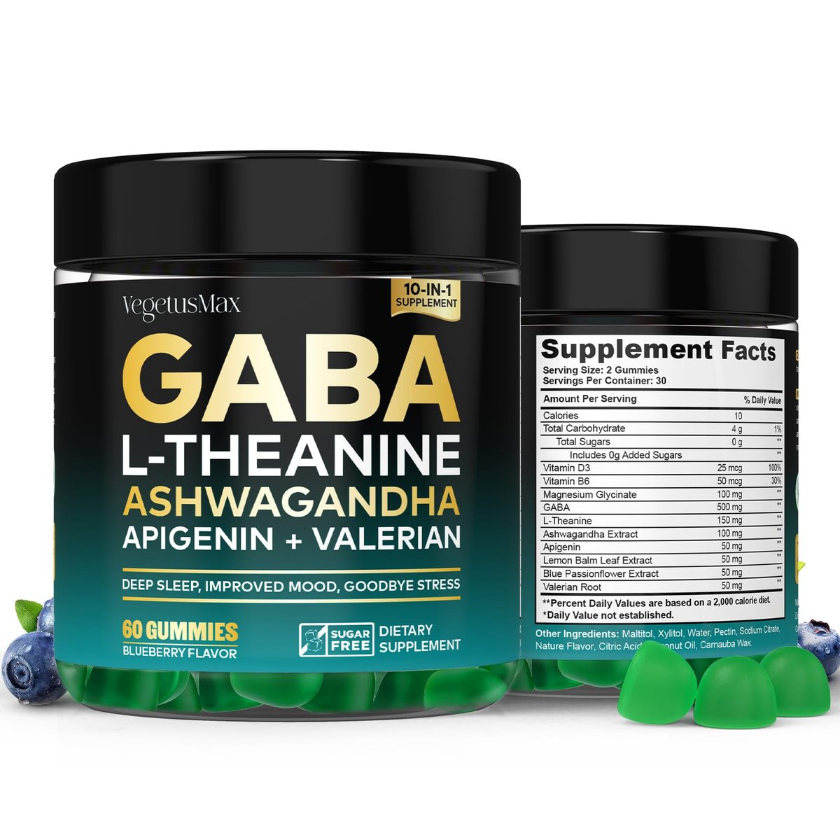 GABA Gummies 500mg Zuckerfrei – Beruhigungsgummis mit L-Theanin, Ashwagandha, Magnesium, Vitamin D3, B6 – Melatoninfrei für Ruhe, Stimmung, Schlaf – Nahrungsergänzung für Erwachsene – Heidelbeere – 60 Stück