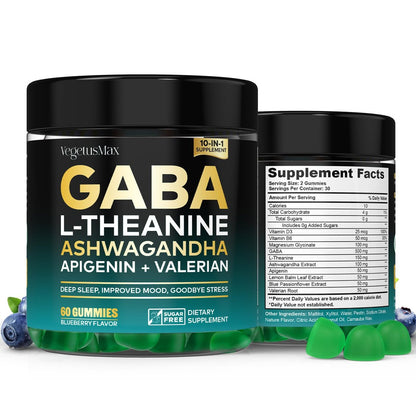 GABA Gummies 500mg Zuckerfrei – Beruhigungsgummis mit L-Theanin, Ashwagandha, Magnesium, Vitamin D3, B6 – Melatoninfrei für Ruhe, Stimmung, Schlaf – Nahrungsergänzung für Erwachsene – Heidelbeere – 60 Stück