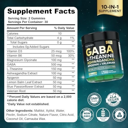 GABA Gummies 500mg Zuckerfrei – Beruhigungsgummis mit L-Theanin, Ashwagandha, Magnesium, Vitamin D3, B6 – Melatoninfrei für Ruhe, Stimmung, Schlaf – Nahrungsergänzung für Erwachsene – Heidelbeere – 60 Stück