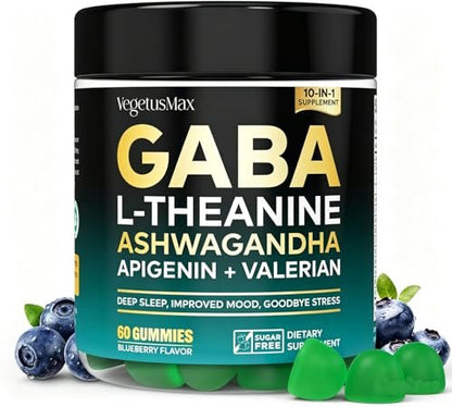 GABA Gummies 500mg Zuckerfrei – Beruhigungsgummis mit L-Theanin, Ashwagandha, Magnesium, Vitamin D3, B6 – Melatoninfrei für Ruhe, Stimmung, Schlaf – Nahrungsergänzung für Erwachsene – Heidelbeere – 60 Stück