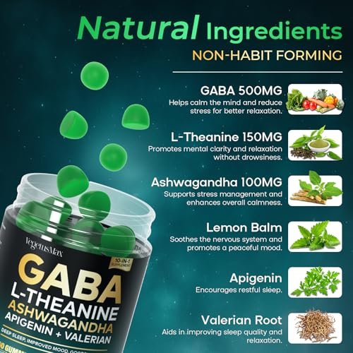 GABA Gummies 500mg Zuckerfrei – Beruhigungsgummis mit L-Theanin, Ashwagandha, Magnesium, Vitamin D3, B6 – Melatoninfrei für Ruhe, Stimmung, Schlaf – Nahrungsergänzung für Erwachsene – Heidelbeere – 60 Stück