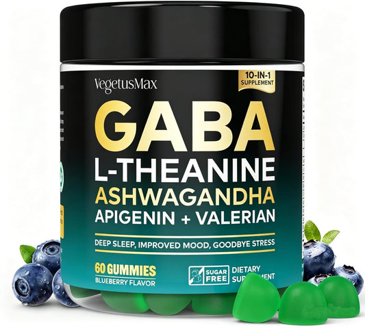 GABA Gummies 500mg Zuckerfrei – Beruhigungsgummis mit L-Theanin, Ashwagandha, Magnesium, Vitamin D3, B6 – Melatoninfrei für Ruhe, Stimmung, Schlaf – Nahrungsergänzung für Erwachsene – Heidelbeere – 60 Stück