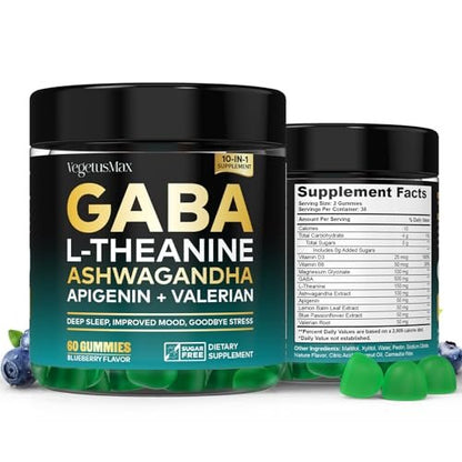 GABA Gummies 500mg Zuckerfrei – Beruhigungsgummis mit L-Theanin, Ashwagandha, Magnesium, Vitamin D3, B6 – Melatoninfrei für Ruhe, Stimmung, Schlaf – Nahrungsergänzung für Erwachsene – Heidelbeere – 60 Stück
