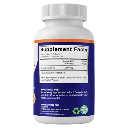 Vitamatic Virgin Kokosöl Softgels, 3000 mg pro Portion, 60 Portionen, 180 Kapseln, Non-GMO, Glutenfrei