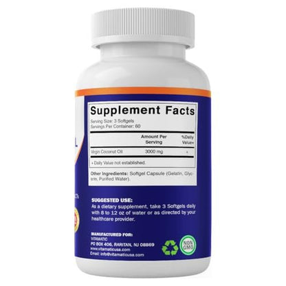 Vitamatic Virgin Kokosöl Softgels, 3000 mg pro Portion, 60 Portionen, 180 Kapseln, Non-GMO, Glutenfrei