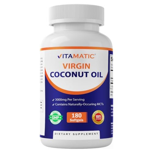 Vitamatic Virgin Kokosöl Softgels, 3000 mg pro Portion, 60 Portionen, 180 Kapseln, Non-GMO, Glutenfrei