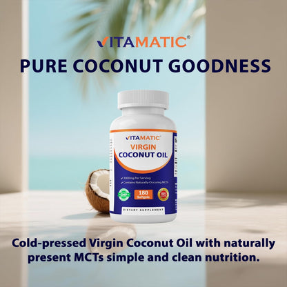 Vitamatic Virgin Kokosöl Softgels, 3000 mg pro Portion, 60 Portionen, 180 Kapseln, Non-GMO, Glutenfrei