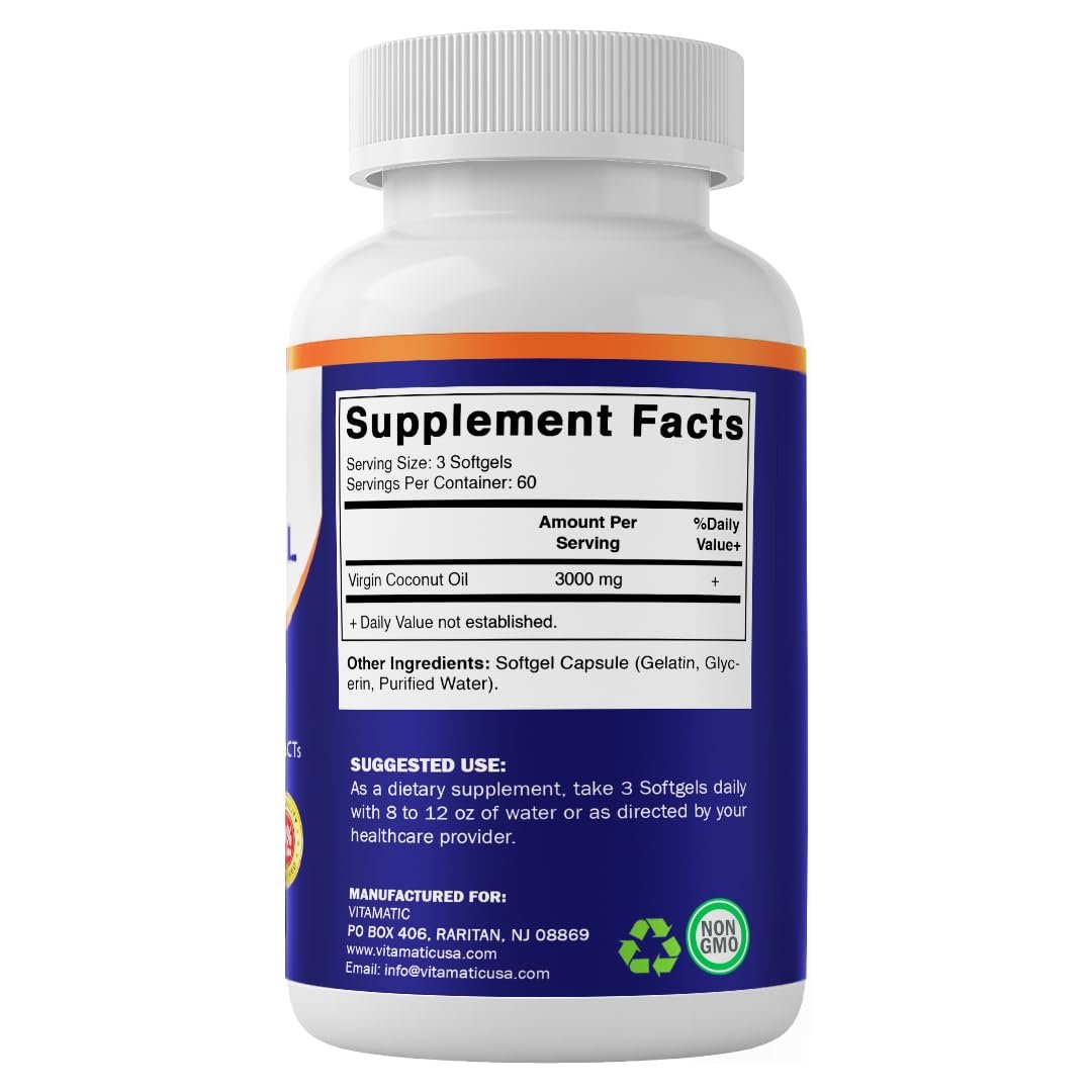 Vitamatic Virgin Kokosöl Softgels, 3000 mg pro Portion, 60 Portionen, 180 Kapseln, Non-GMO, Glutenfrei