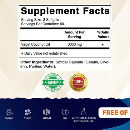 Vitamatic Virgin Kokosöl Softgels, 3000 mg pro Portion, 60 Portionen, 180 Kapseln, Non-GMO, Glutenfrei