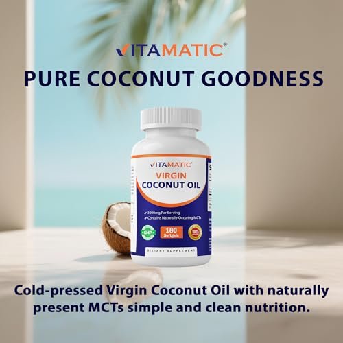 Vitamatic Virgin Kokosöl Softgels, 3000 mg pro Portion, 60 Portionen, 180 Kapseln, Non-GMO, Glutenfrei