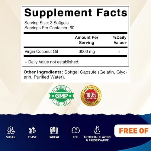 Vitamatic Virgin Kokosöl Softgels, 3000 mg pro Portion, 60 Portionen, 180 Kapseln, Non-GMO, Glutenfrei