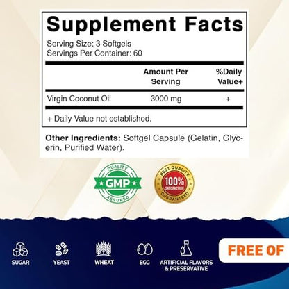Vitamatic Virgin Kokosöl Softgels, 3000 mg pro Portion, 60 Portionen, 180 Kapseln, Non-GMO, Glutenfrei