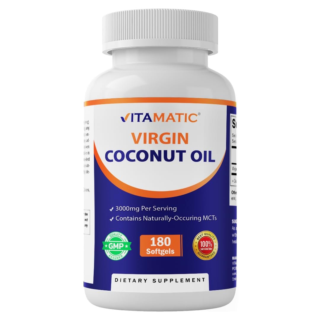 Vitamatic Virgin Kokosöl Softgels, 3000 mg pro Portion, 60 Portionen, 180 Kapseln, Non-GMO, Glutenfrei