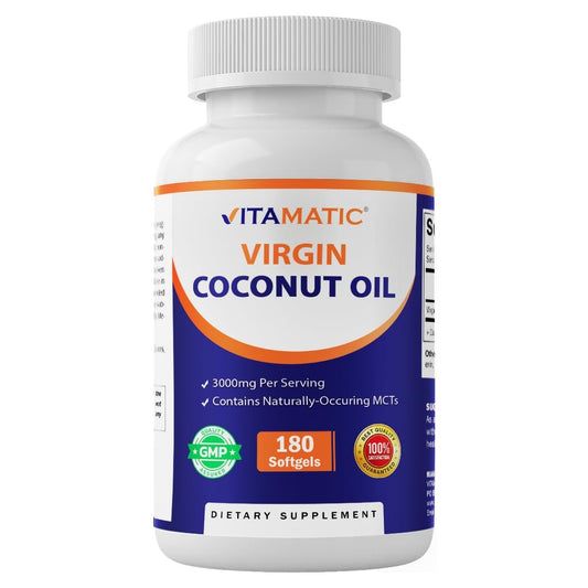 Vitamatic Virgin Kokosöl Softgels, 3000 mg pro Portion, 60 Portionen, 180 Kapseln, Non-GMO, Glutenfrei