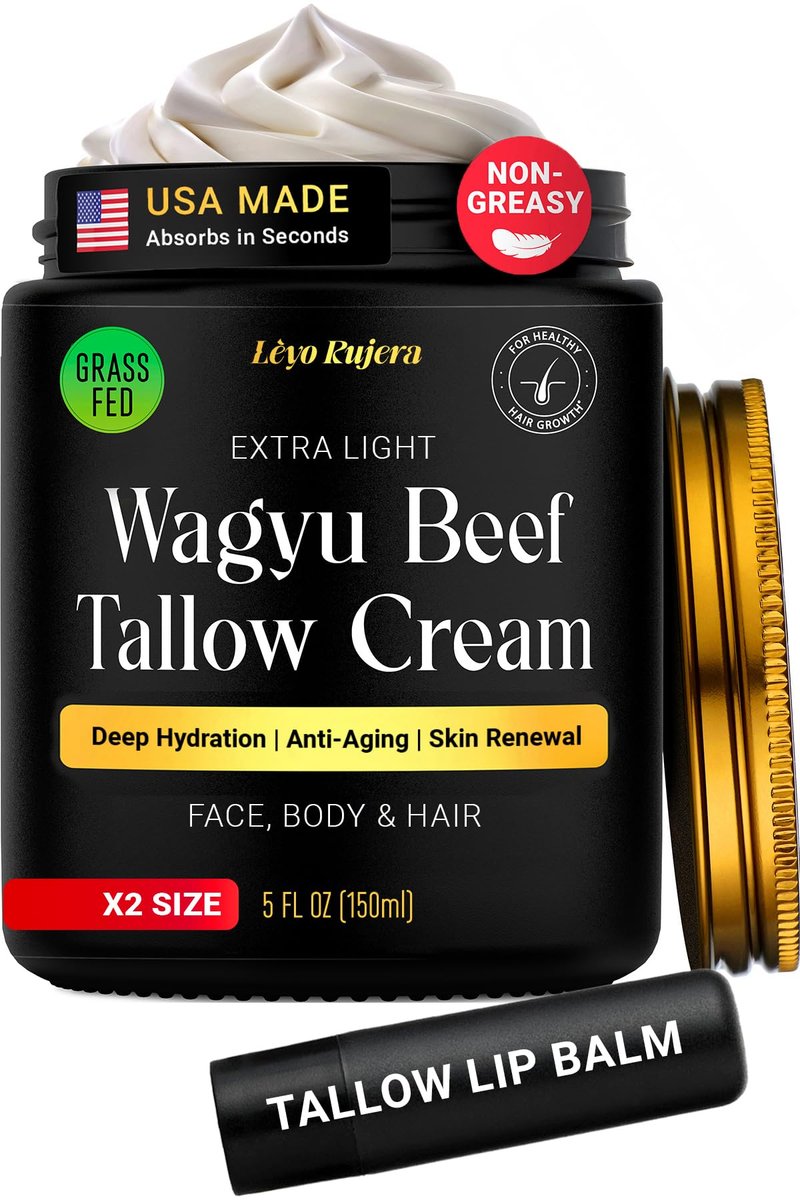 Nicht fettende Rindertalg-Hautpflege & Rindertalg-Lippenbalsam 5OZ mit Sheabutter, Vitamin E – geschlagener Weiderindertalg für Gesichtscreme, Feuchtigkeitscreme für Frauen & Männer, Anti-Aging-Gesichtsfeuchtigkeitscreme