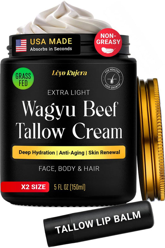 Nicht fettende Rindertalg-Hautpflege & Rindertalg-Lippenbalsam 5OZ mit Sheabutter, Vitamin E – geschlagener Weiderindertalg für Gesichtscreme, Feuchtigkeitscreme für Frauen & Männer, Anti-Aging-Gesichtsfeuchtigkeitscreme
