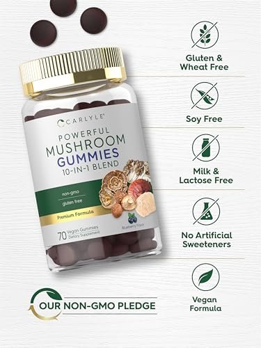 Carlyle Pilzkomplex Gummibärchen | 70 Stück | 10-in-1 Mischung | Vegan, Nicht-GVO und Glutenfrei