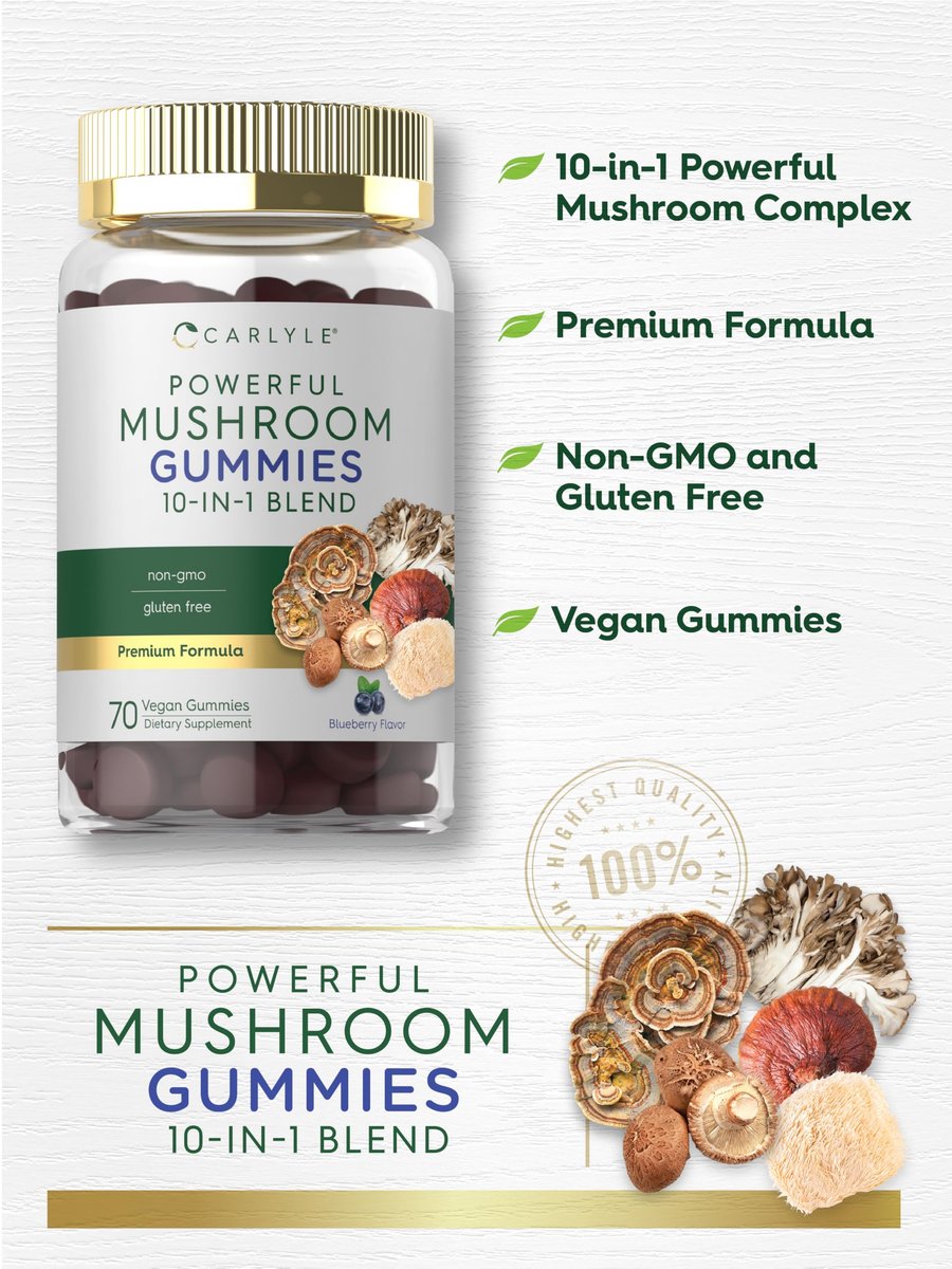 Carlyle Pilzkomplex Gummibärchen | 70 Stück | 10-in-1 Mischung | Vegan, Nicht-GVO und Glutenfrei
