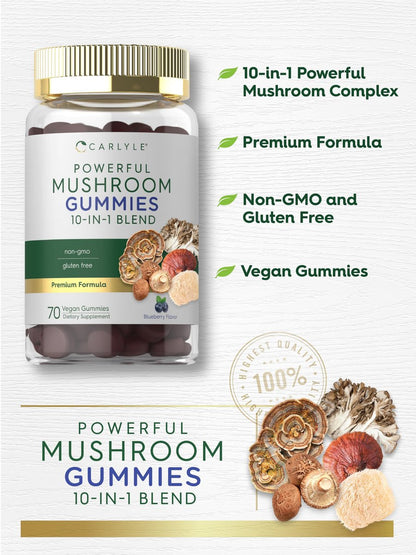 Carlyle Pilzkomplex Gummibärchen | 70 Stück | 10-in-1 Mischung | Vegan, Nicht-GVO und Glutenfrei