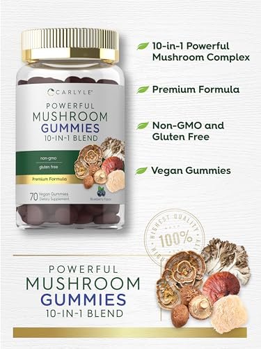 Carlyle Pilzkomplex Gummibärchen | 70 Stück | 10-in-1 Mischung | Vegan, Nicht-GVO und Glutenfrei
