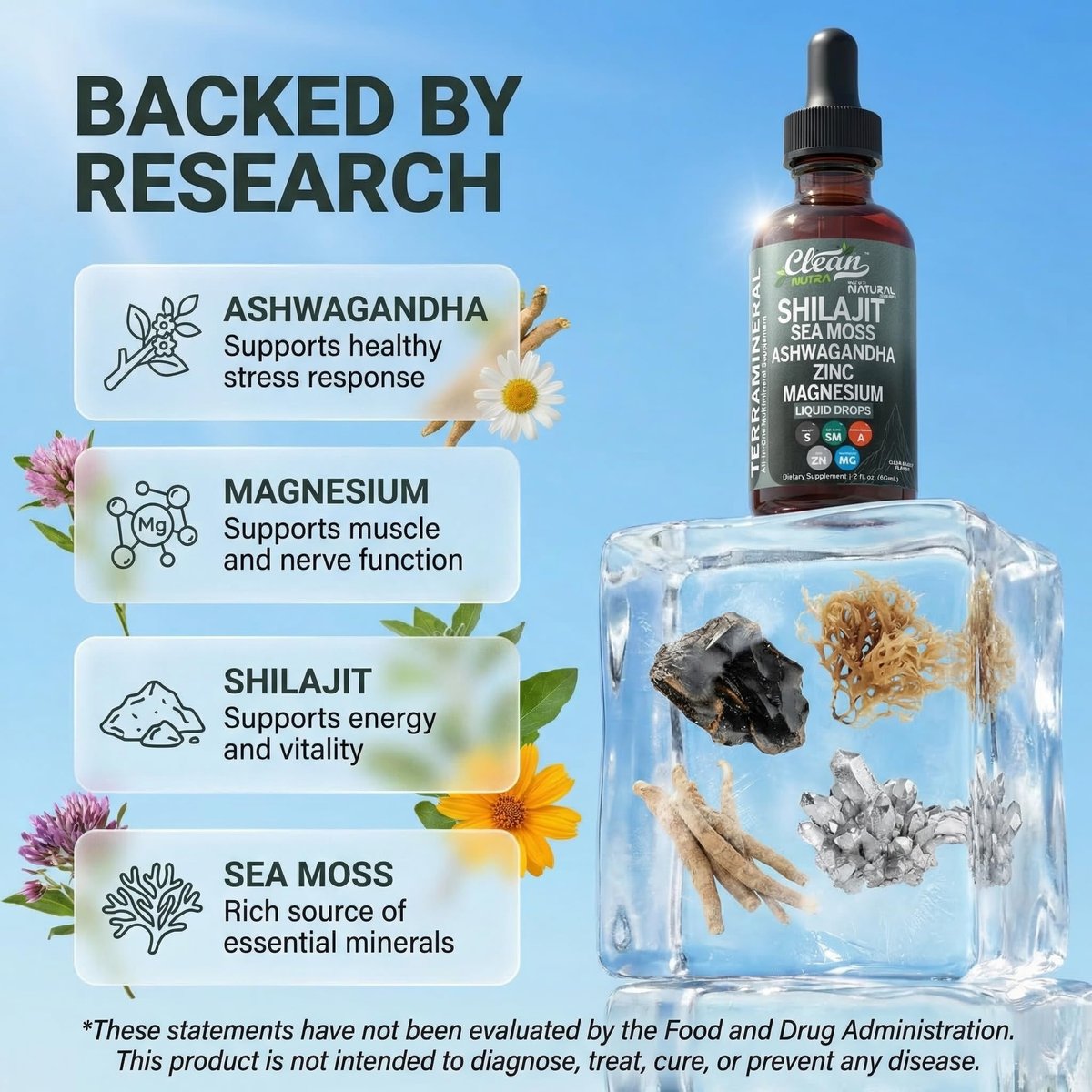 Clean Nutraceuticals Shilajit Drops Liquid | Shilajit Nahrungsergänzungsmittel für Männer und Frauen mit Seemoos, Ashwagandha, Zink, Magnesium, Bor, Fulvosäure – Himalaya-Shilajit für Energie, Vitalität und Ausdauer – 60 ml