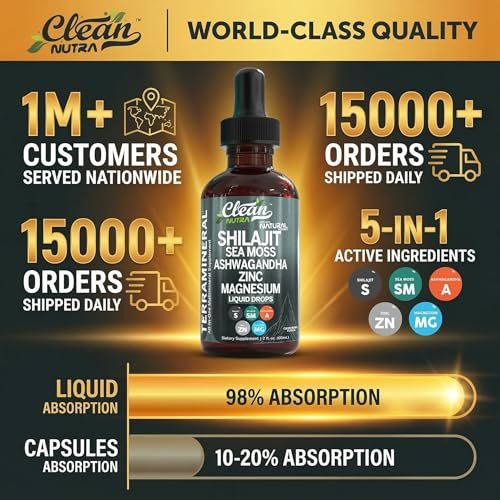 Clean Nutraceuticals Shilajit Drops Liquid | Shilajit Nahrungsergänzungsmittel für Männer und Frauen mit Seemoos, Ashwagandha, Zink, Magnesium, Bor, Fulvosäure – Himalaya-Shilajit für Energie, Vitalität und Ausdauer – 60 ml