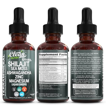 Clean Nutraceuticals Shilajit Drops Liquid | Shilajit Nahrungsergänzungsmittel für Männer und Frauen mit Seemoos, Ashwagandha, Zink, Magnesium, Bor, Fulvosäure – Himalaya-Shilajit für Energie, Vitalität und Ausdauer – 60 ml
