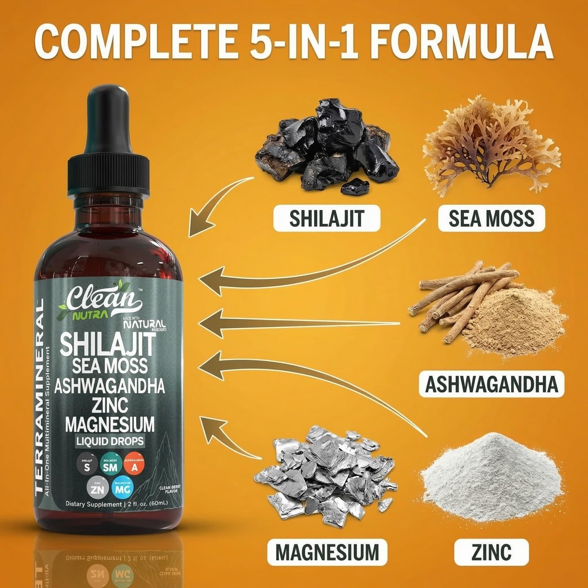 Clean Nutraceuticals Shilajit Drops Liquid | Shilajit Nahrungsergänzungsmittel für Männer und Frauen mit Seemoos, Ashwagandha, Zink, Magnesium, Bor, Fulvosäure – Himalaya-Shilajit für Energie, Vitalität und Ausdauer – 60 ml
