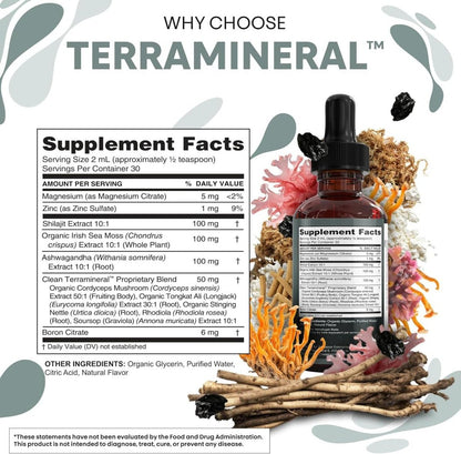 Clean Nutraceuticals Shilajit Drops Liquid | Shilajit Nahrungsergänzungsmittel für Männer und Frauen mit Seemoos, Ashwagandha, Zink, Magnesium, Bor, Fulvosäure – Himalaya-Shilajit für Energie, Vitalität und Ausdauer – 60 ml