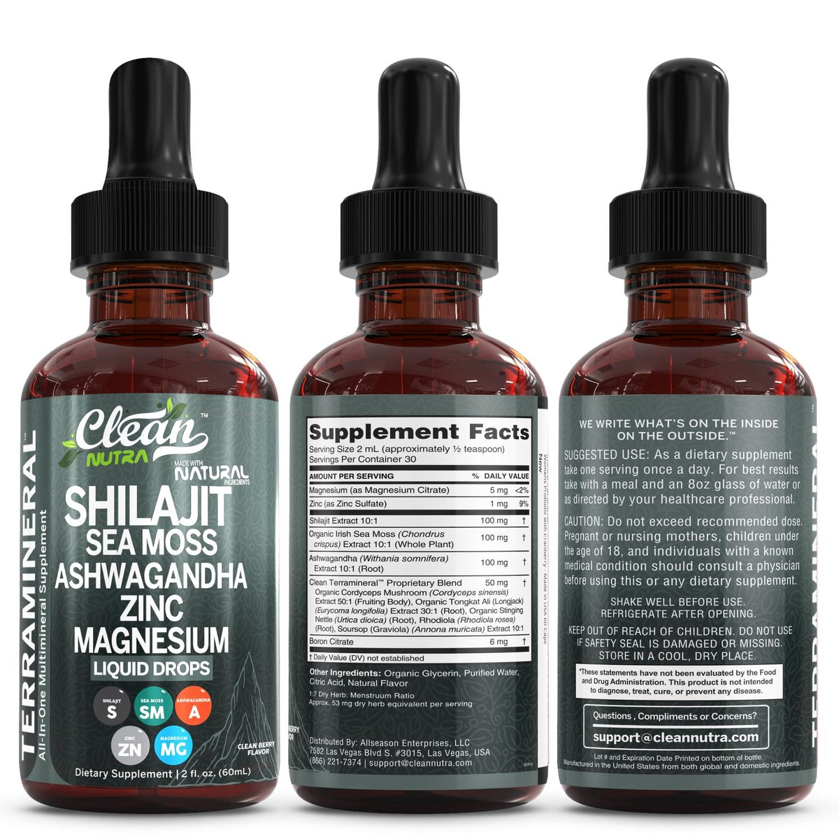 Clean Nutraceuticals Shilajit Drops Liquid | Shilajit Nahrungsergänzungsmittel für Männer und Frauen mit Seemoos, Ashwagandha, Zink, Magnesium, Bor, Fulvosäure – Himalaya-Shilajit für Energie, Vitalität und Ausdauer – 60 ml