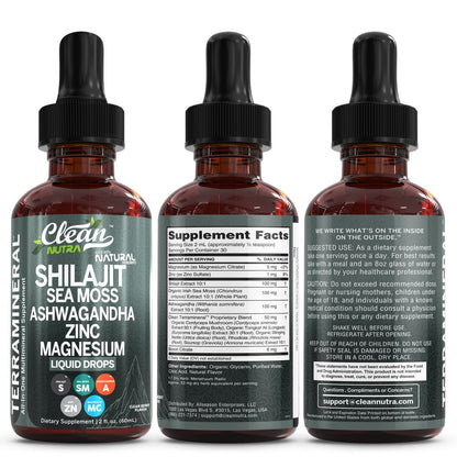 Clean Nutraceuticals Shilajit Drops Liquid | Shilajit Nahrungsergänzungsmittel für Männer und Frauen mit Seemoos, Ashwagandha, Zink, Magnesium, Bor, Fulvosäure – Himalaya-Shilajit für Energie, Vitalität und Ausdauer – 60 ml