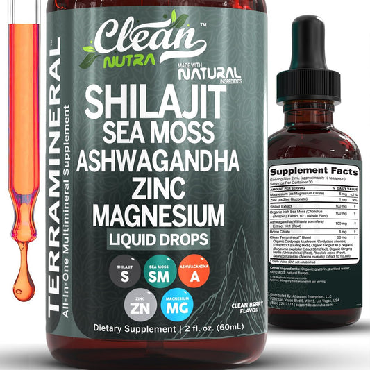 Clean Nutraceuticals Shilajit Drops Liquid | Shilajit Nahrungsergänzungsmittel für Männer und Frauen mit Seemoos, Ashwagandha, Zink, Magnesium, Bor, Fulvosäure – Himalaya-Shilajit für Energie, Vitalität und Ausdauer – 60 ml
