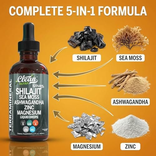 Clean Nutraceuticals Shilajit Drops Liquid | Shilajit Nahrungsergänzungsmittel für Männer und Frauen mit Seemoos, Ashwagandha, Zink, Magnesium, Bor, Fulvosäure – Himalaya-Shilajit für Energie, Vitalität und Ausdauer – 60 ml
