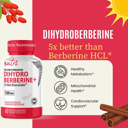 Nutri Dihydroberberin 100mg – 60 Kapseln mit 300mg Bio-Ceylon-Zimtextrakt – 54x bioverfügbarer als normales Berberin HCL – 3. Partei getestet – NSF-zertifizierte Einrichtung
