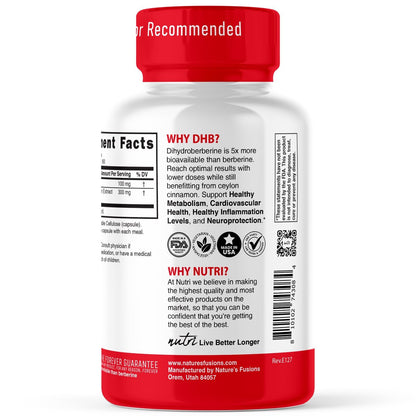 Nutri Dihydroberberin 100mg – 60 Kapseln mit 300mg Bio-Ceylon-Zimtextrakt – 54x bioverfügbarer als normales Berberin HCL – 3. Partei getestet – NSF-zertifizierte Einrichtung