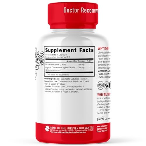 Nutri Dihydroberberin 100mg – 60 Kapseln mit 300mg Bio-Ceylon-Zimtextrakt – 54x bioverfügbarer als normales Berberin HCL – 3. Partei getestet – NSF-zertifizierte Einrichtung