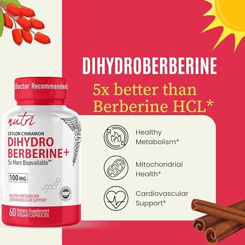 Nutri Dihydroberberin 100mg – 60 Kapseln mit 300mg Bio-Ceylon-Zimtextrakt – 54x bioverfügbarer als normales Berberin HCL – 3. Partei getestet – NSF-zertifizierte Einrichtung