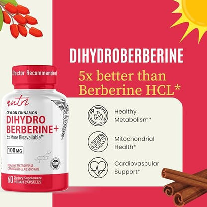 Nutri Dihydroberberin 100mg – 60 Kapseln mit 300mg Bio-Ceylon-Zimtextrakt – 54x bioverfügbarer als normales Berberin HCL – 3. Partei getestet – NSF-zertifizierte Einrichtung