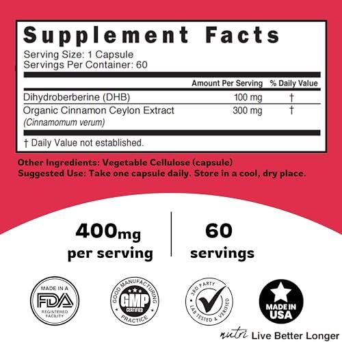 Nutri Dihydroberberin 100mg – 60 Kapseln mit 300mg Bio-Ceylon-Zimtextrakt – 54x bioverfügbarer als normales Berberin HCL – 3. Partei getestet – NSF-zertifizierte Einrichtung