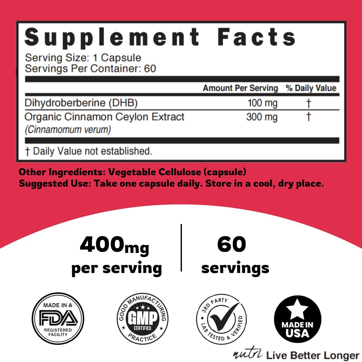 Nutri Dihydroberberin 100mg – 60 Kapseln mit 300mg Bio-Ceylon-Zimtextrakt – 54x bioverfügbarer als normales Berberin HCL – 3. Partei getestet – NSF-zertifizierte Einrichtung