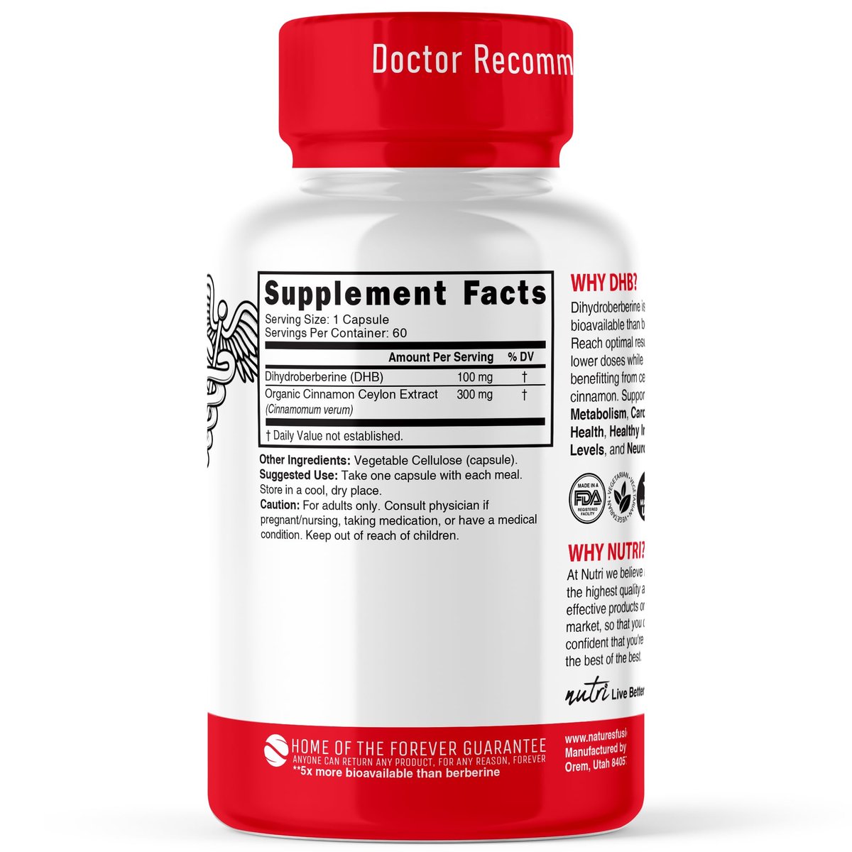 Nutri Dihydroberberin 100mg – 60 Kapseln mit 300mg Bio-Ceylon-Zimtextrakt – 54x bioverfügbarer als normales Berberin HCL – 3. Partei getestet – NSF-zertifizierte Einrichtung