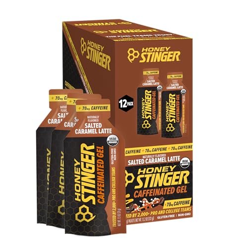 Honey Stinger Organic Salted Caramel Energy Gel, koffeinhaltig & glutenfrei, für Sport, Laufen und Leistung, Sporternährung für Zuhause & Fitnessstudio, vor und während dem Training, 12er Pack, 13,2 Unzen