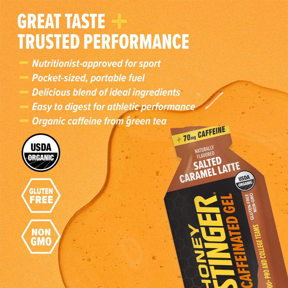Honey Stinger Organic Salted Caramel Energy Gel, koffeinhaltig & glutenfrei, für Sport, Laufen und Leistung, Sporternährung für Zuhause & Fitnessstudio, vor und während dem Training, 12er Pack, 13,2 Unzen