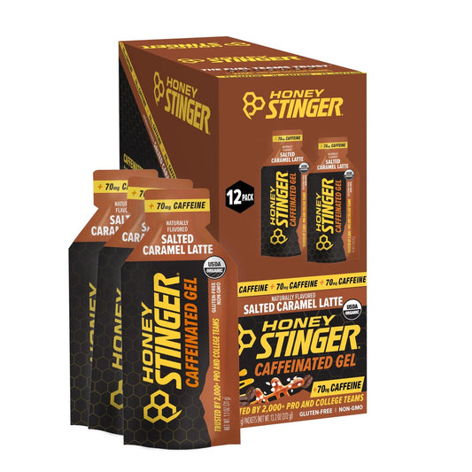 Honey Stinger Organic Salted Caramel Energy Gel, koffeinhaltig & glutenfrei, für Sport, Laufen und Leistung, Sporternährung für Zuhause & Fitnessstudio, vor und während dem Training, 12er Pack, 13,2 Unzen