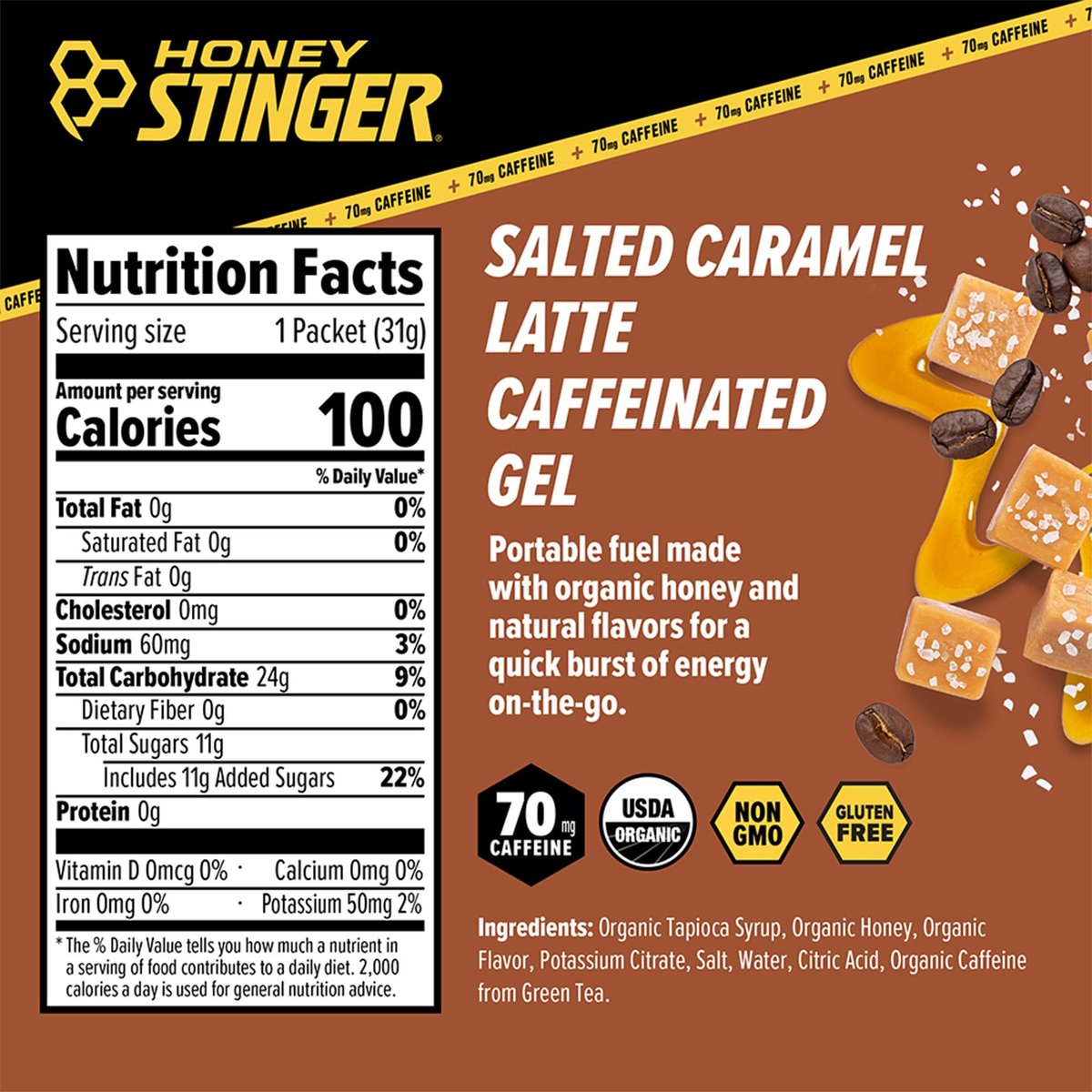 Honey Stinger Organic Salted Caramel Energy Gel, koffeinhaltig & glutenfrei, für Sport, Laufen und Leistung, Sporternährung für Zuhause & Fitnessstudio, vor und während dem Training, 12er Pack, 13,2 Unzen