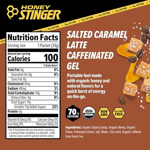 Honey Stinger Organic Salted Caramel Energy Gel, koffeinhaltig & glutenfrei, für Sport, Laufen und Leistung, Sporternährung für Zuhause & Fitnessstudio, vor und während dem Training, 12er Pack, 13,2 Unzen