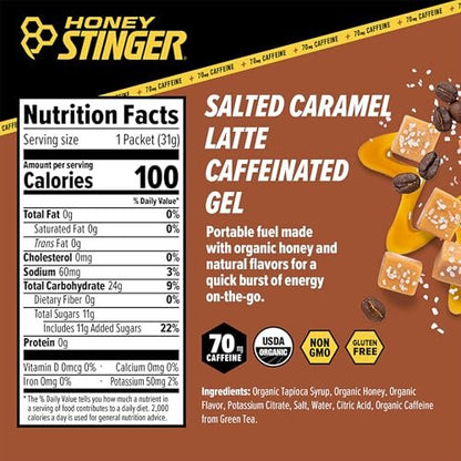 Honey Stinger Organic Salted Caramel Energy Gel, koffeinhaltig & glutenfrei, für Sport, Laufen und Leistung, Sporternährung für Zuhause & Fitnessstudio, vor und während dem Training, 12er Pack, 13,2 Unzen